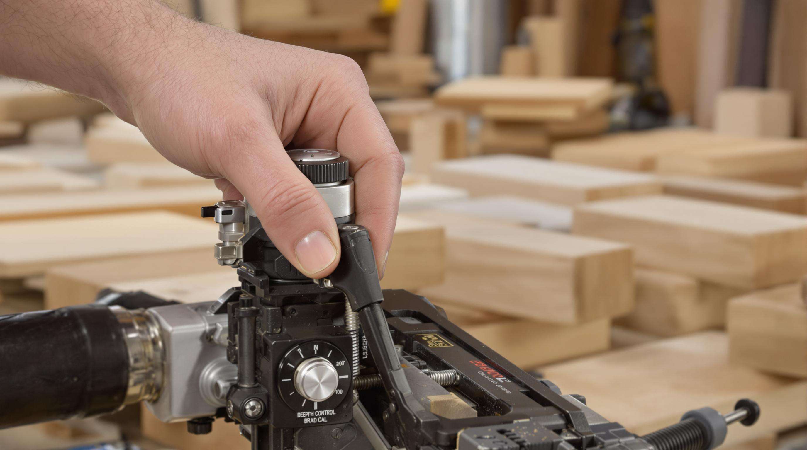 Worker adjusting brad nail machine's depth setting during woodworking project