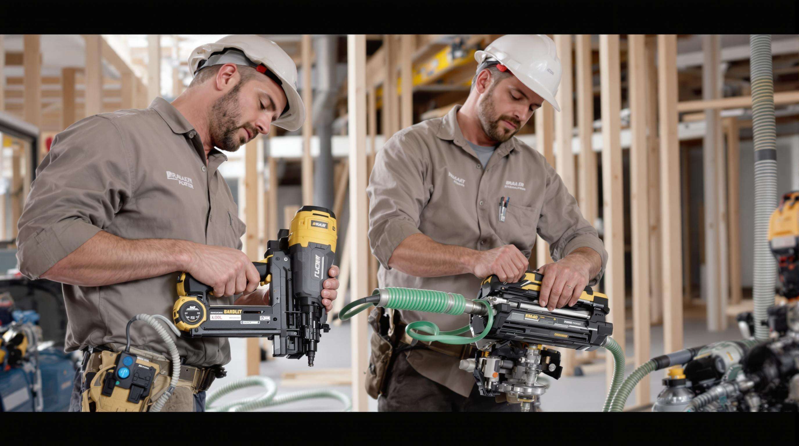 Construction workers comparing cordless and pneumatic brad nail machines on a jobsite