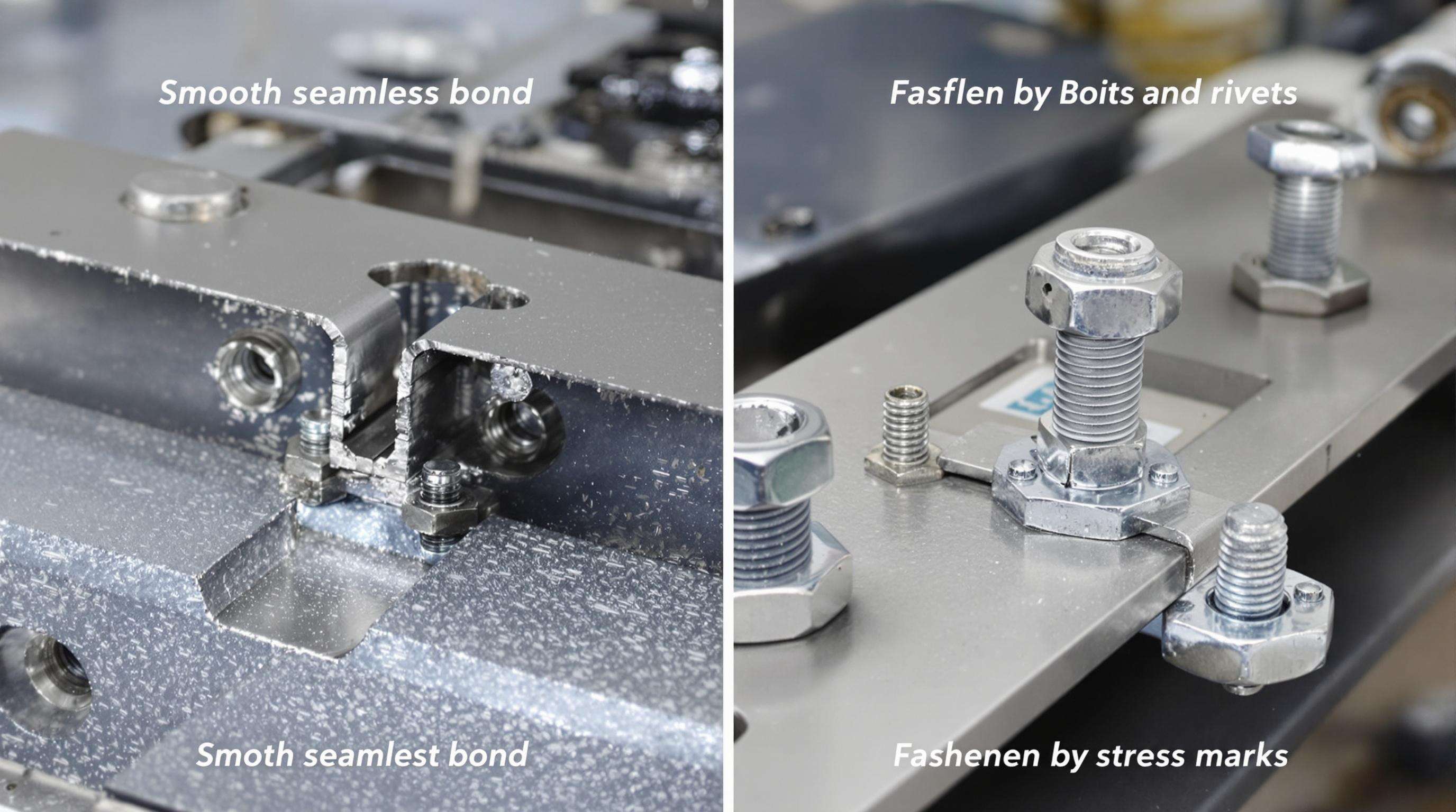Side-by-side comparison of metal parts joined by adhesive versus mechanical fasteners on an industrial table