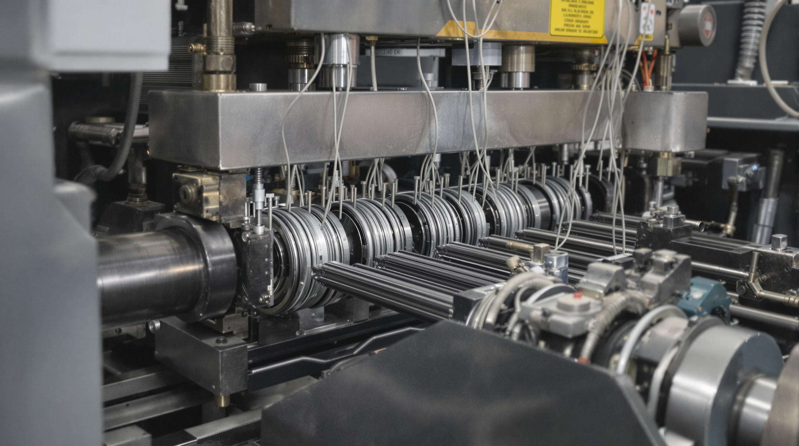 Industrial wire drawing machine reducing steel rod diameter with visible dies and cooling system