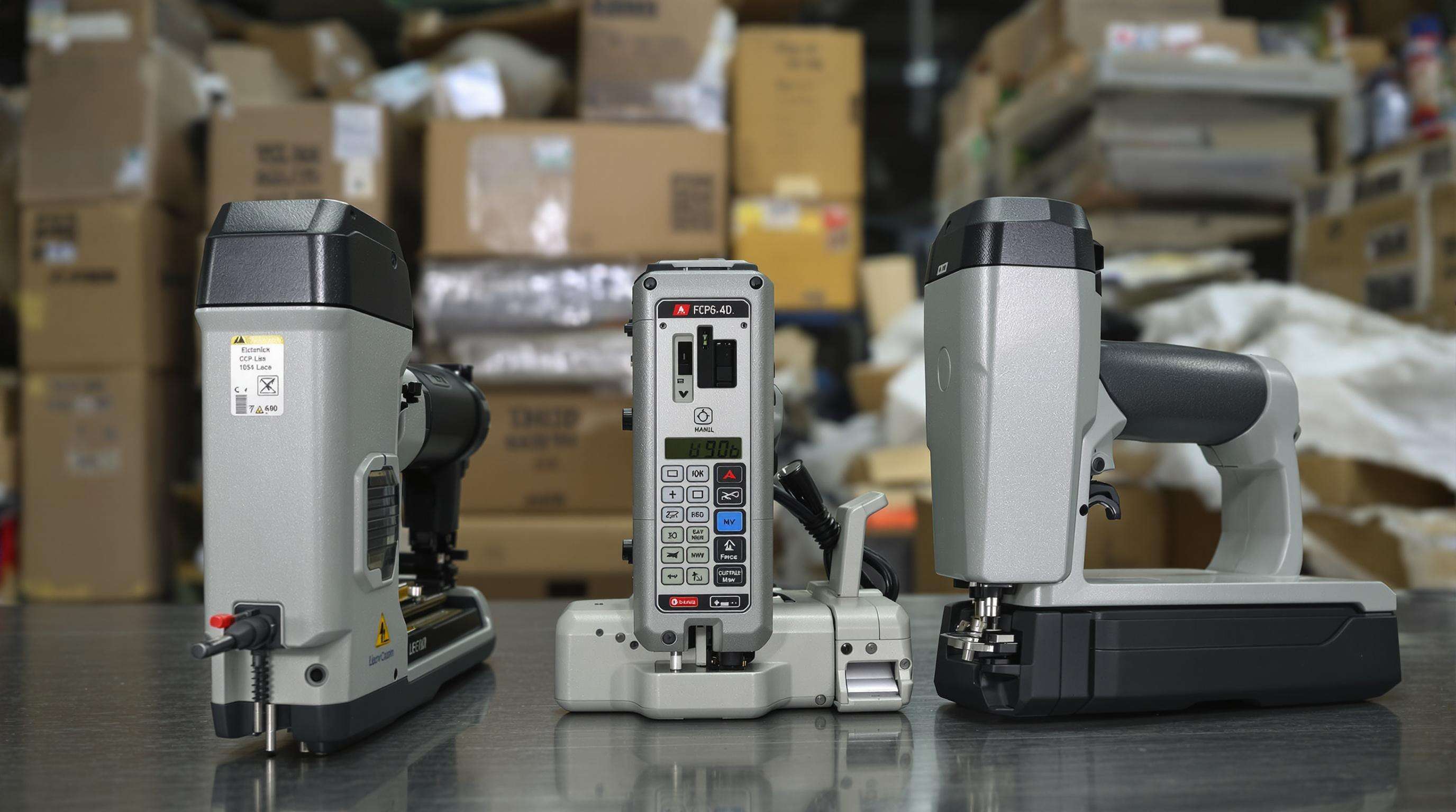 Electric, cordless, and manual industrial staple machines with adjustable controls