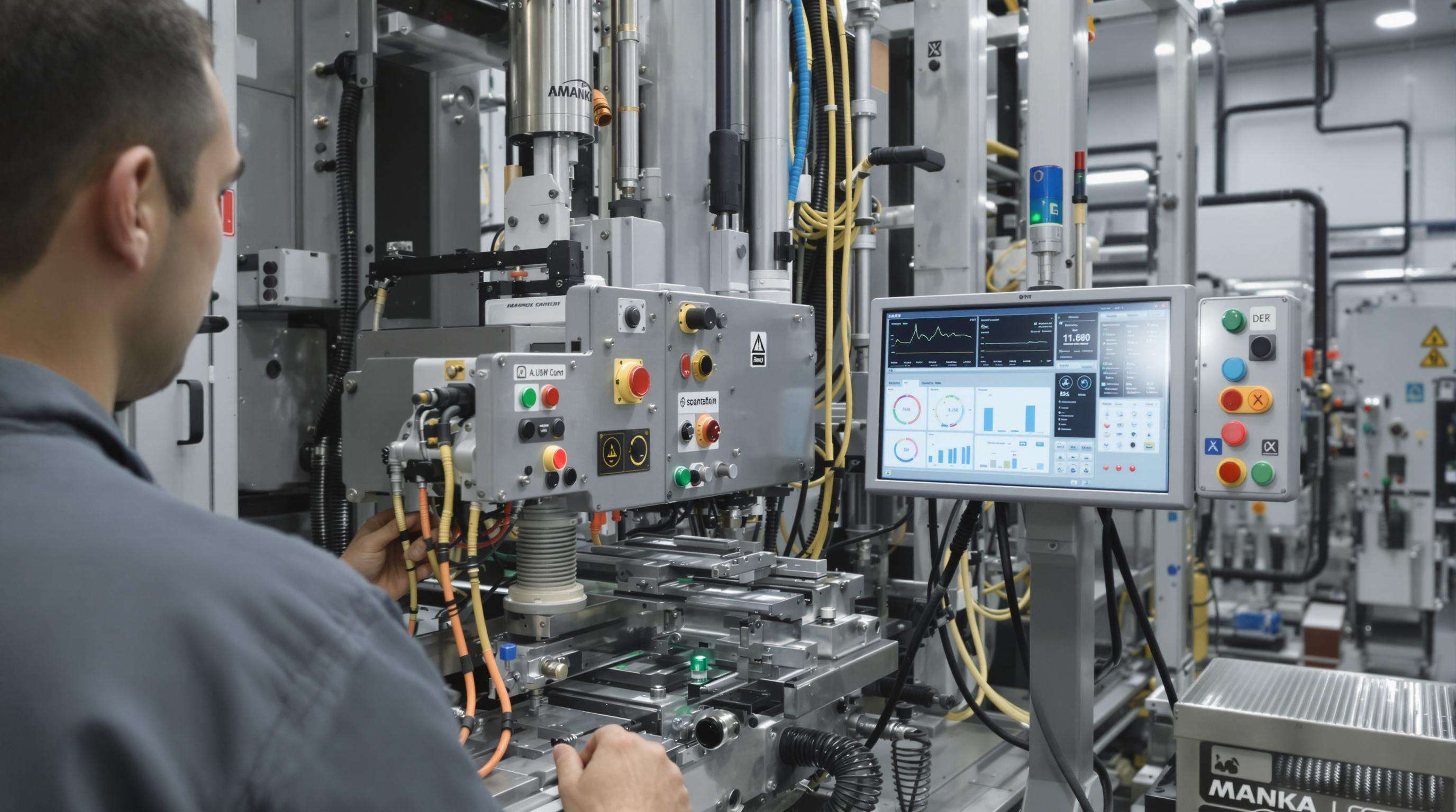 Operator supervising a smart hog ring machine with digital sensors and live dashboard in a factory