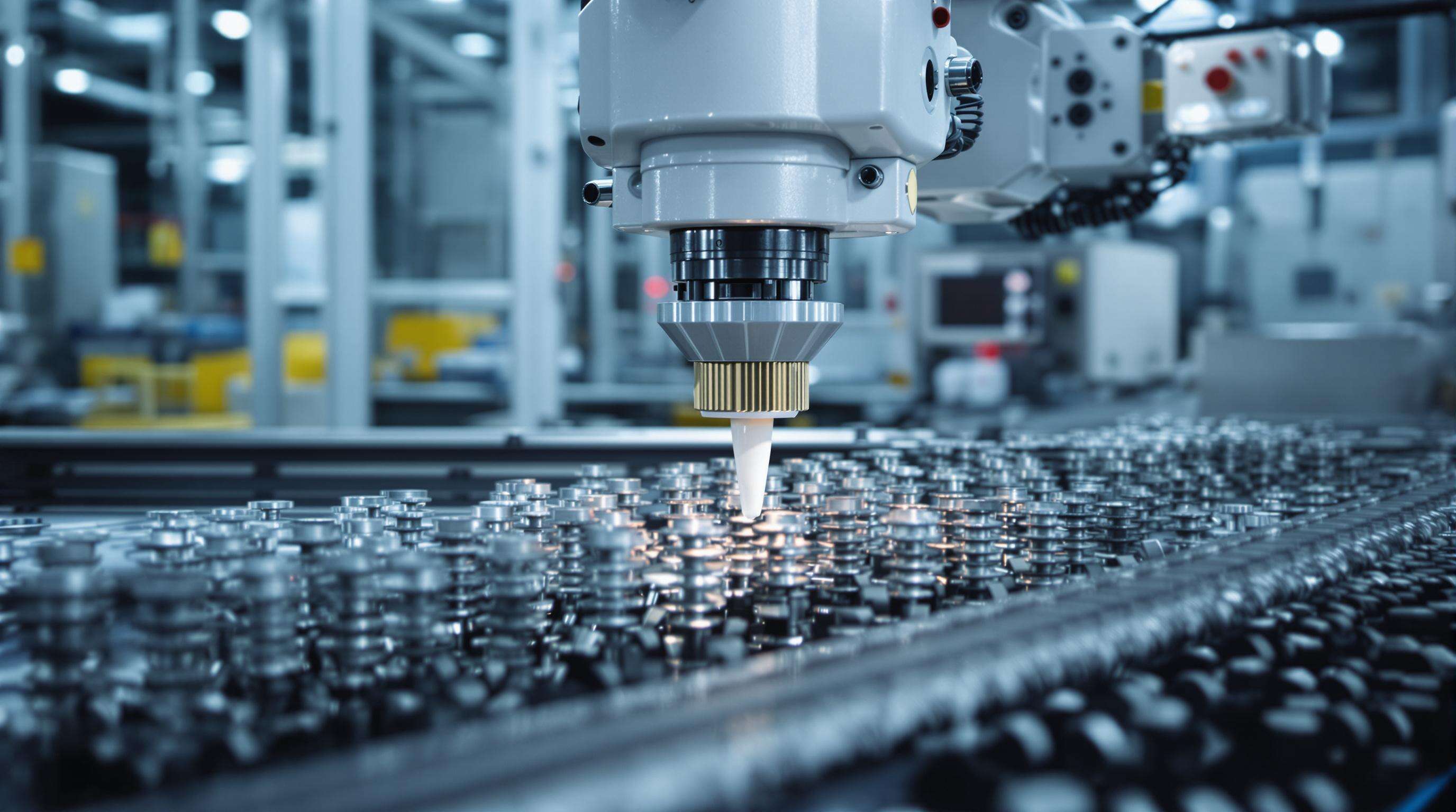 Robotic adhesive dispenser applying precise glue lines onto metallic wire fasteners, with sensors and cameras on an assembly line
