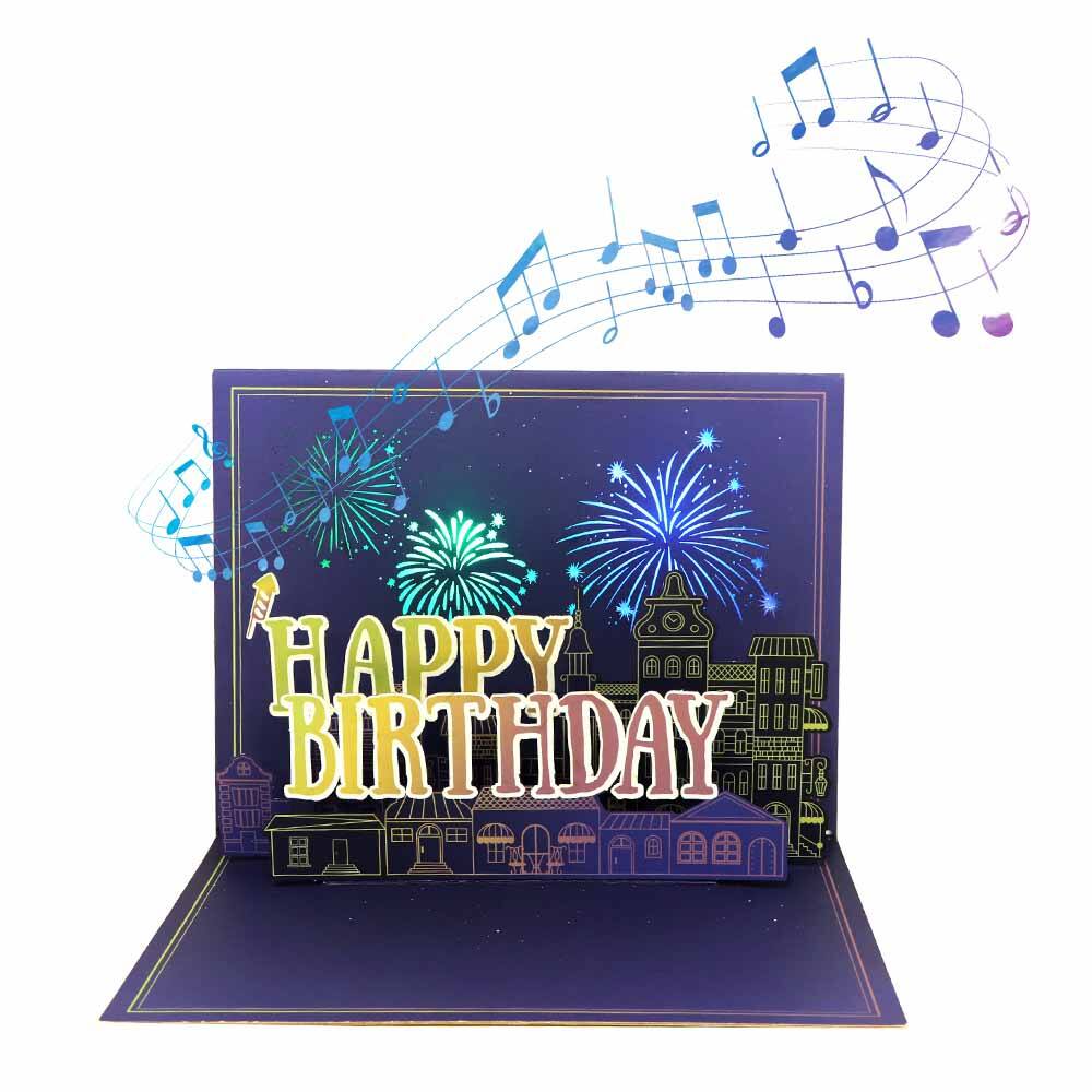 Carte pop-up de musique de feu d'artifice de joyeux anniversaire