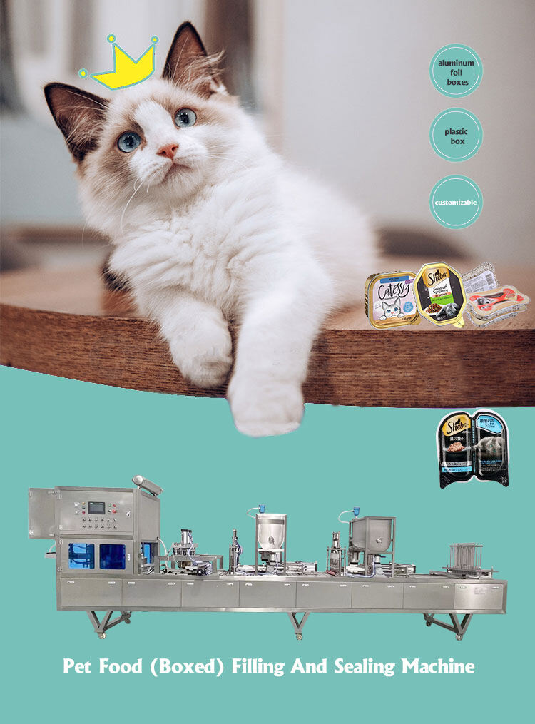 Fully automatic vacuum pet food box <a class='inkey' href='https://www.yjnmachinery.com/Filling-vacuum-sealing-lg-gfc300/product-fully-automatic-prefabricated-vegetable-and-rice-vacuum-filling-and-sealing-machine' target='_blank'>filling and sealing machine</a> supplier