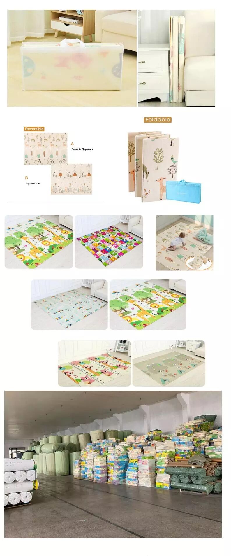 Foldable & Reversable Large  Waterproof Foam Baby Activity Tummy Time Foam XPE  Mat baby play mat with piping manufacture