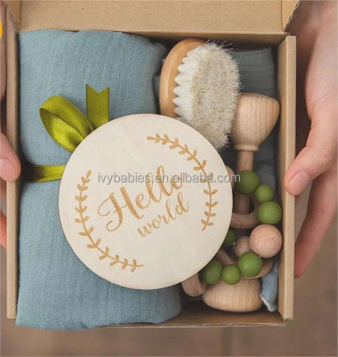 New born baby luxury gift set New born Baby Shower Gift set Wooden Toy Bath brush muslin blanket box gift sets manufacture