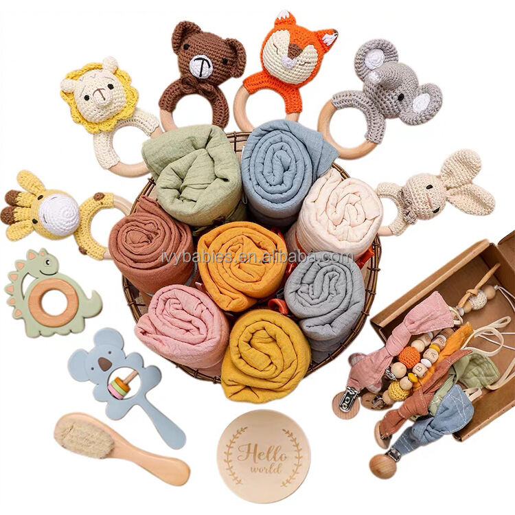 New born baby luxury gift set New born Baby Shower Gift set Wooden Toy Bath brush muslin blanket box gift sets manufacture