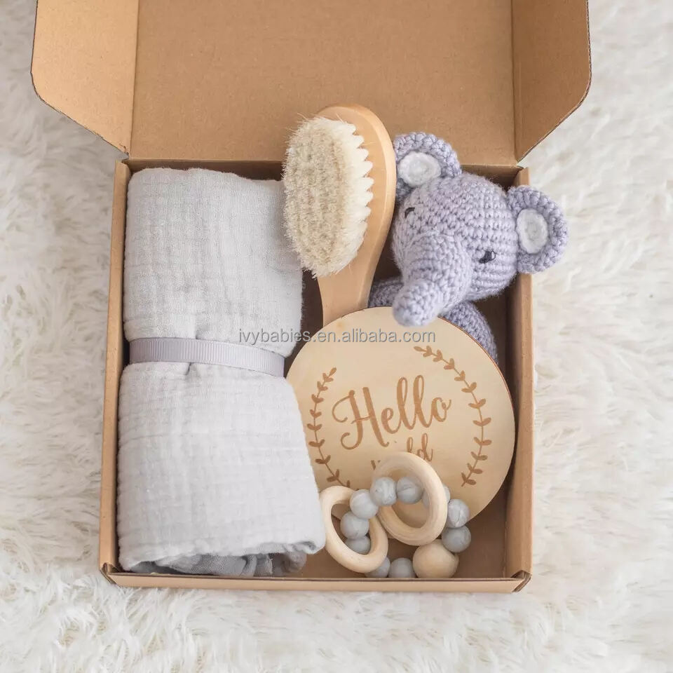 New born baby luxury gift set New born Baby Shower Gift set Wooden Toy Bath brush muslin blanket box gift sets manufacture