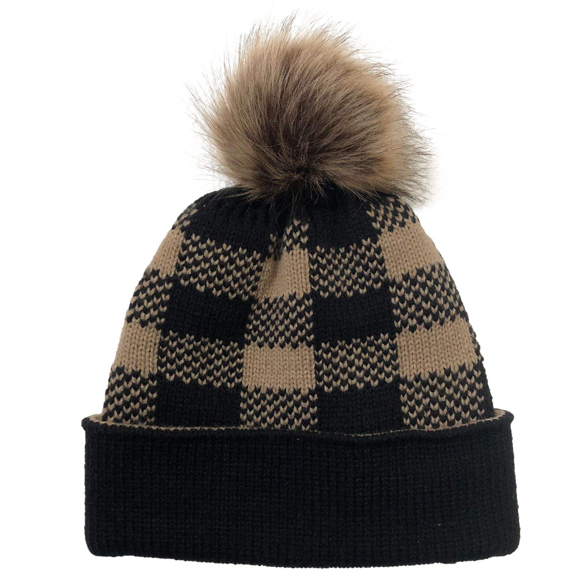 Generous plaid curly hem matching color hairball knitted hat