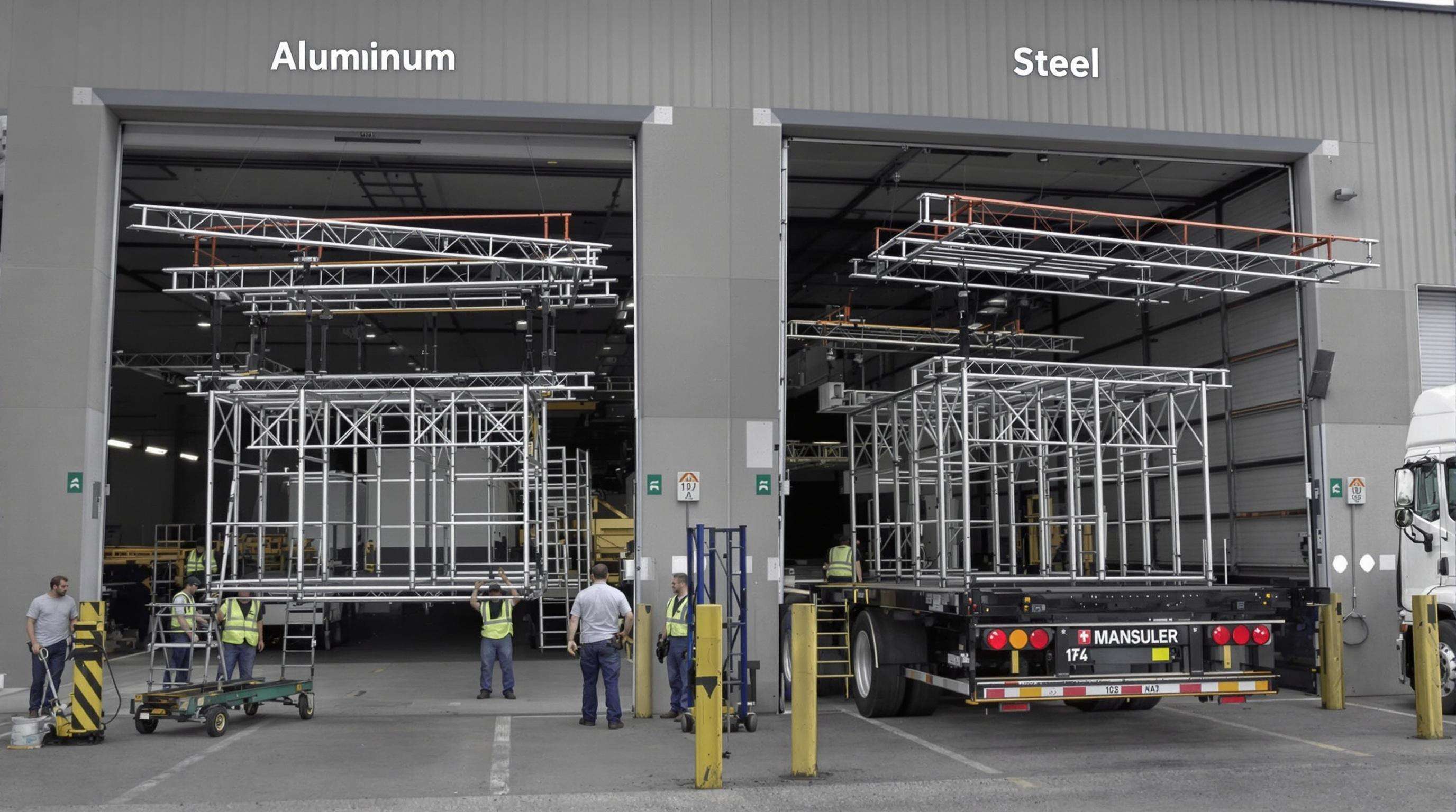 Photorealistic comparison of aluminum and steel trusses being loaded into touring trucks, highlighting weight and handling differences