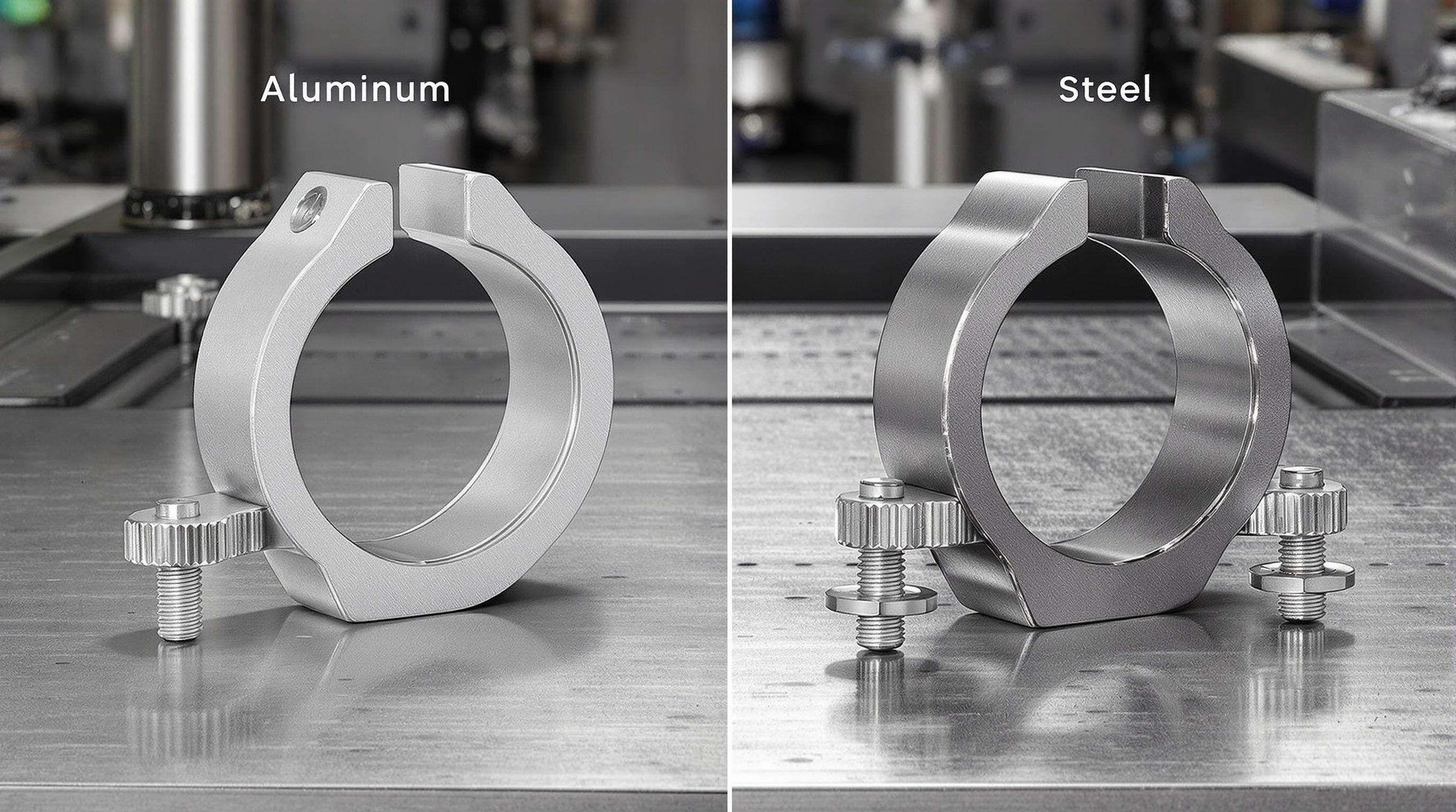 Photo comparing aluminum and steel truss clamps on a workbench showing distinct materials and finishes