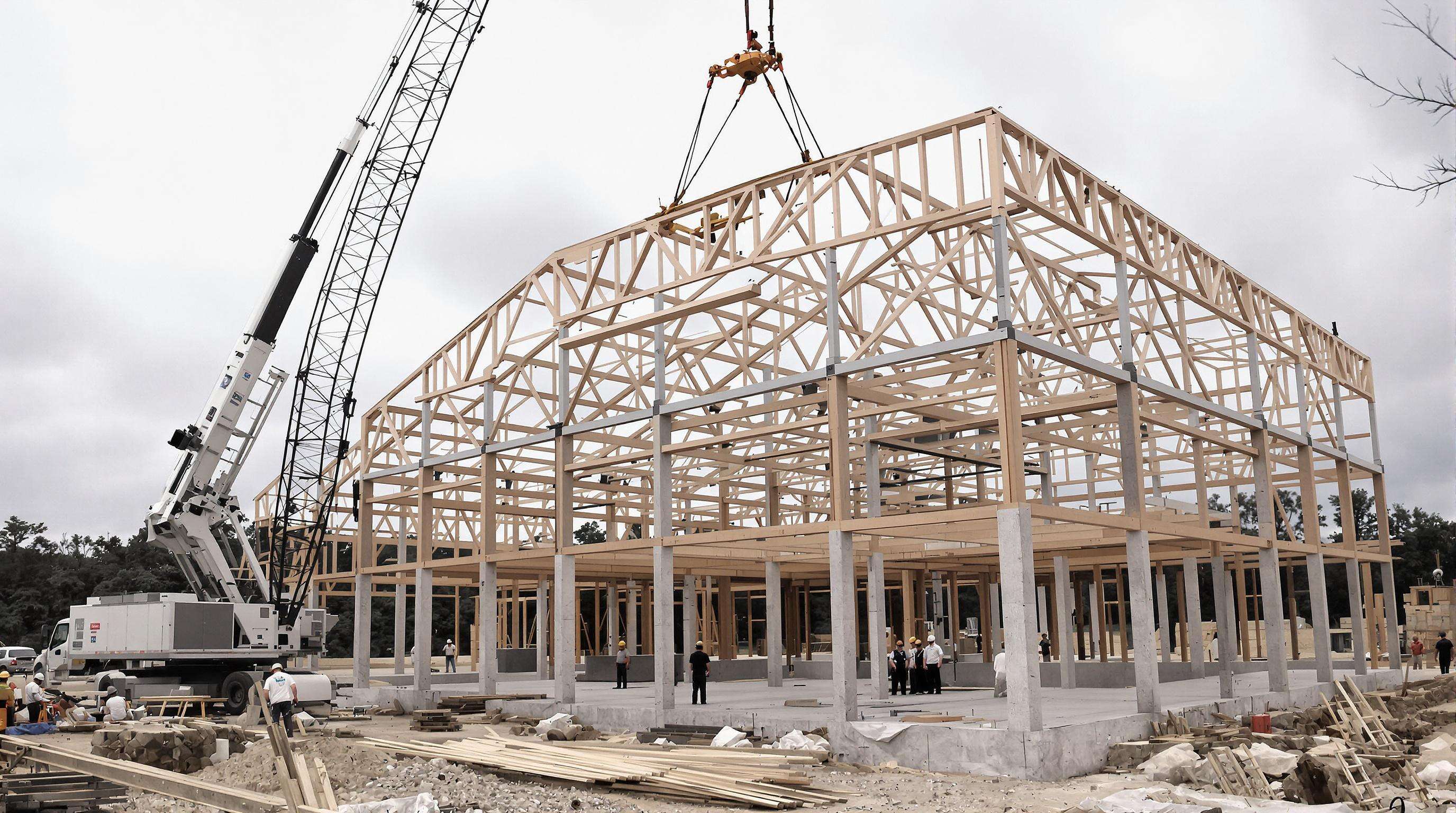 Crane lifting a prefabricated truss onto a building frame with workers coordinating the installation