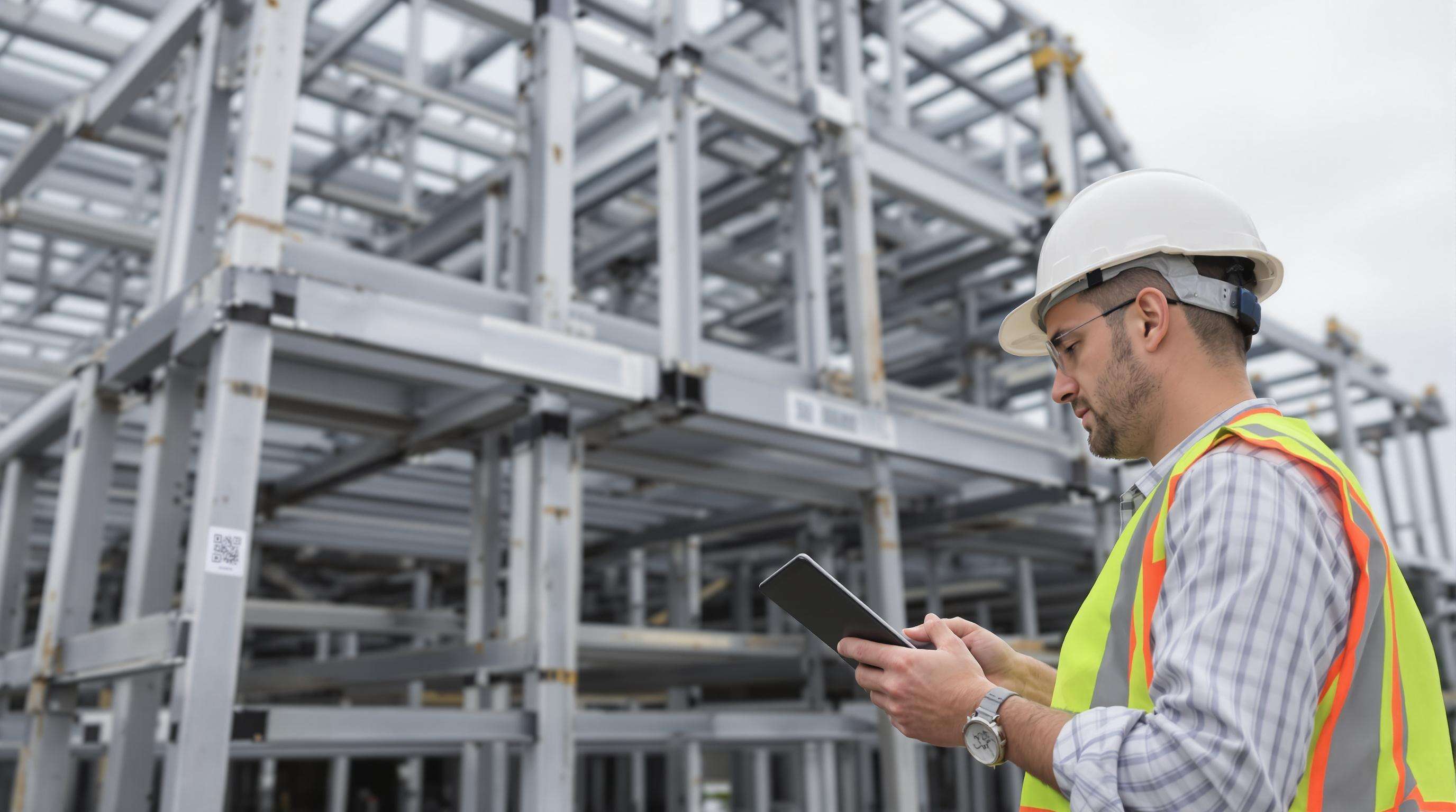 Inspector checking a tablet in front of aluminum trusses with a QR code sticker during a field inspection