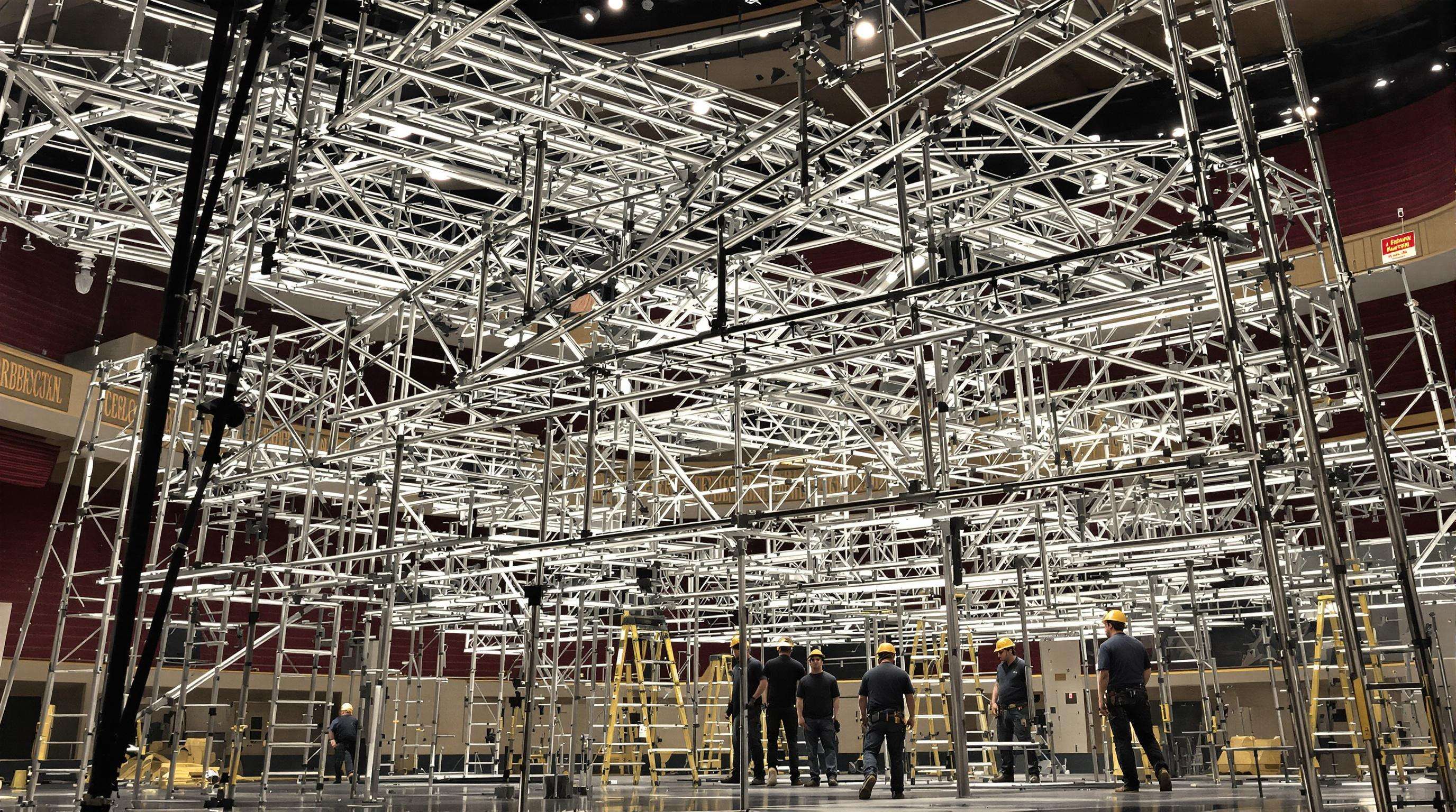 Photorealistic scene of technicians assembling modular aluminum truss structures in a theater, focusing on modular design and efficiency