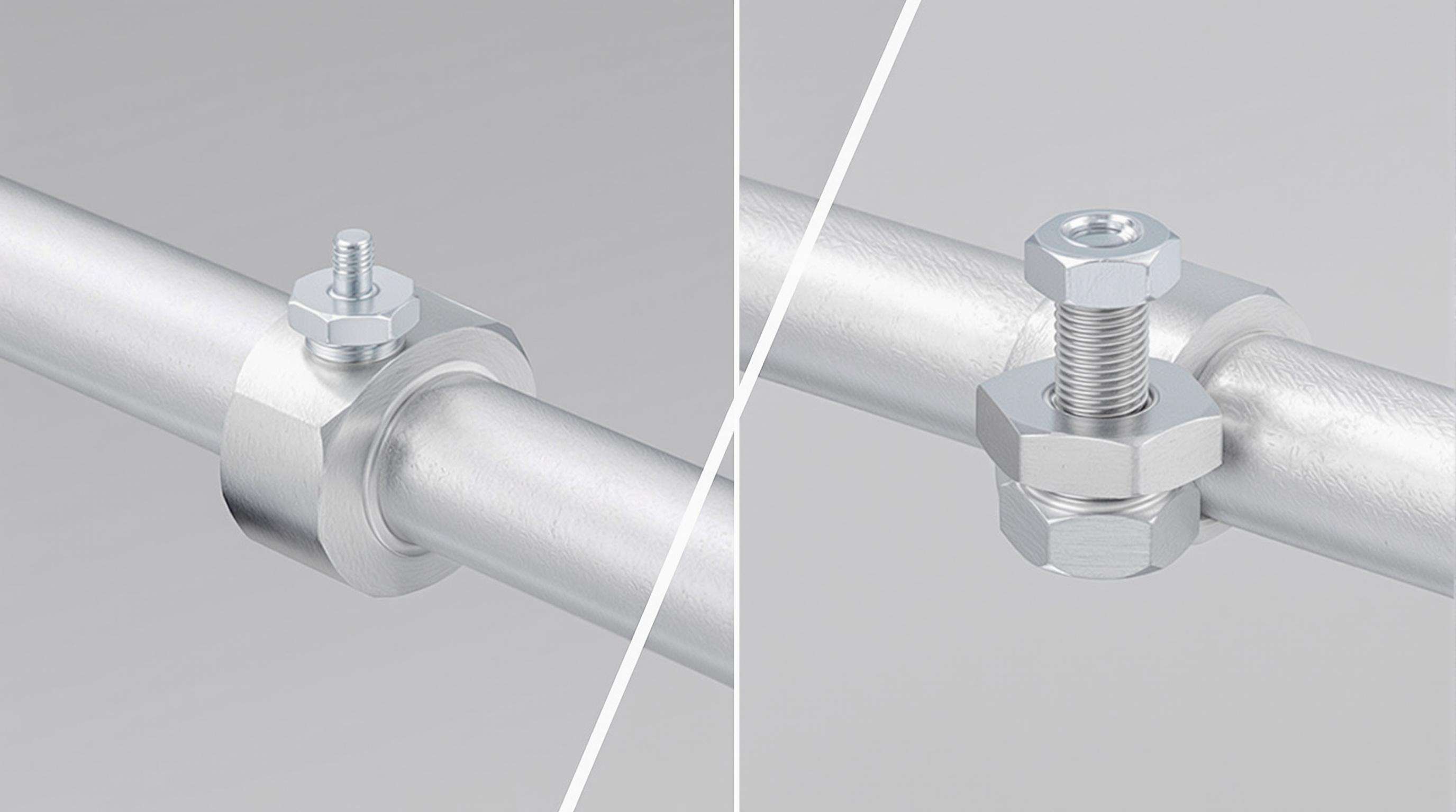 Close-up comparison of a spigot truss joint and a bolt truss joint on a neutral background