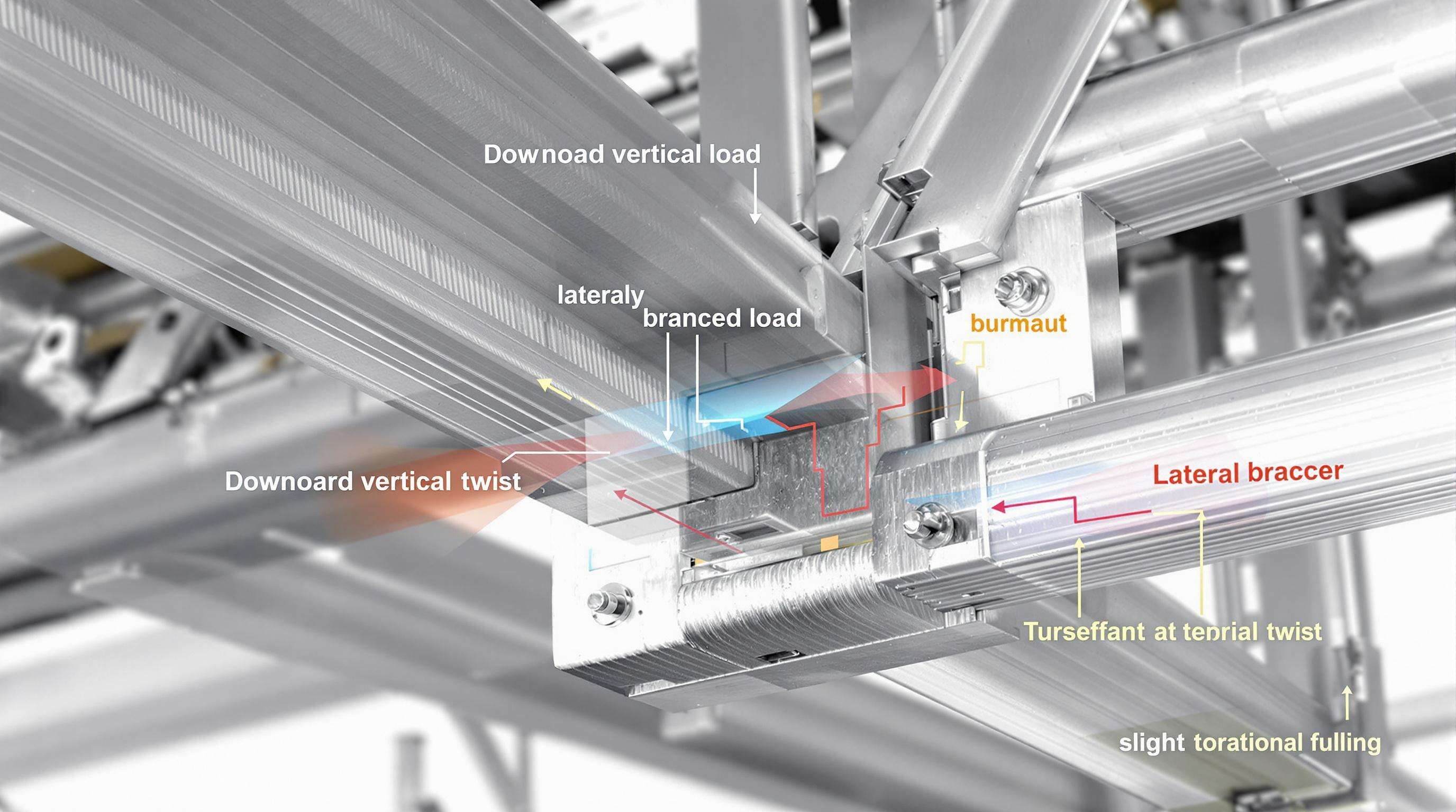 Close-up photo of an aluminum truss clamp on stage beams, showing load directions and ribbed surfaces