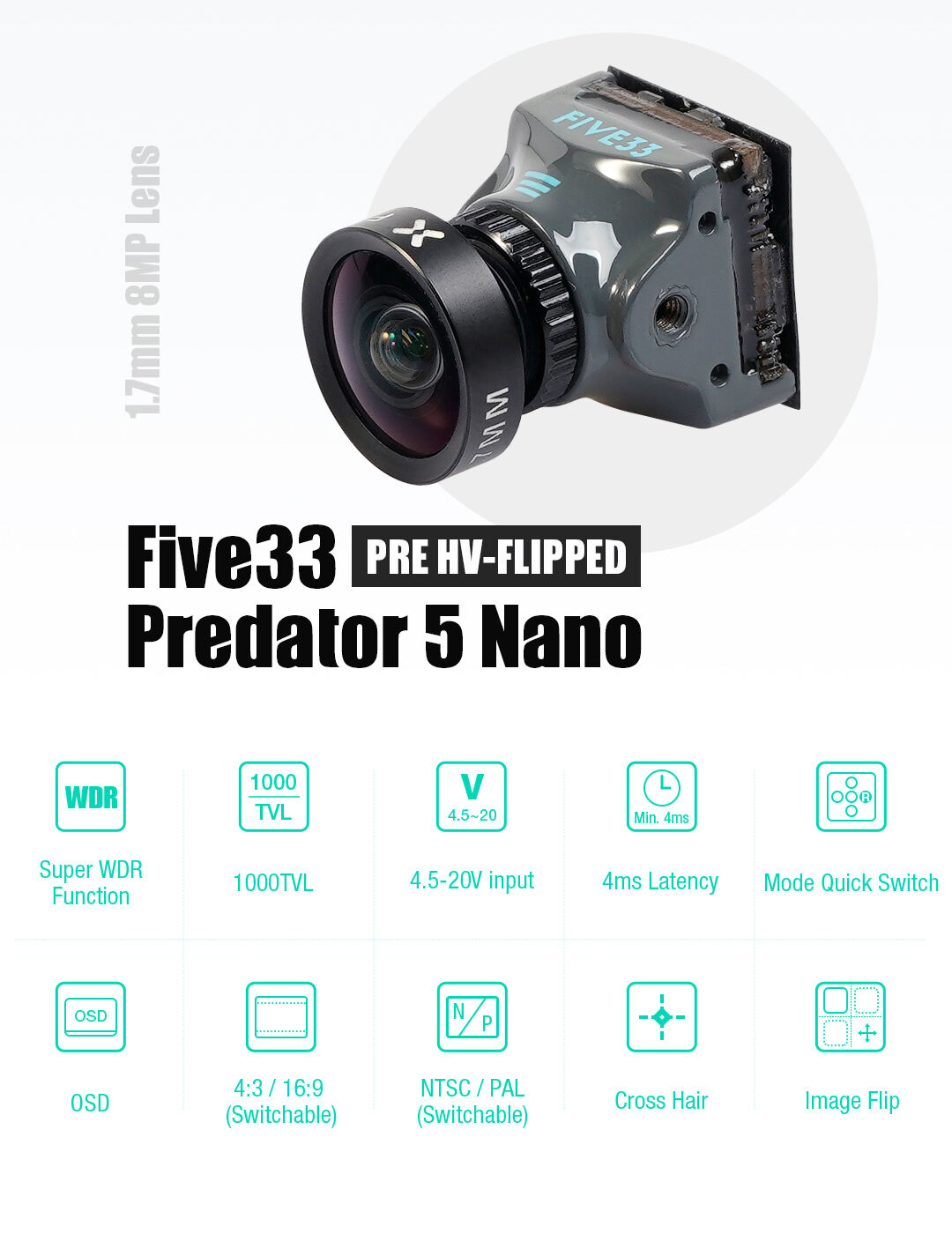 Foxeer Predator 5 Nano Five33 Edition Hv Flip Ntsc 1000tvl 4:3/16:9 Pal/ntsc Switchable Fpv Camera Osd For Fpv Racing Drones Uav details