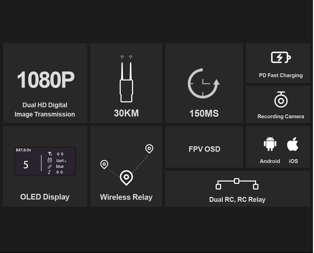 Sistema FPV de transmisión de imágenes digitales Full HD de largo alcance Hm30 Dual con operador dual y relé de control remoto Detalles de las características