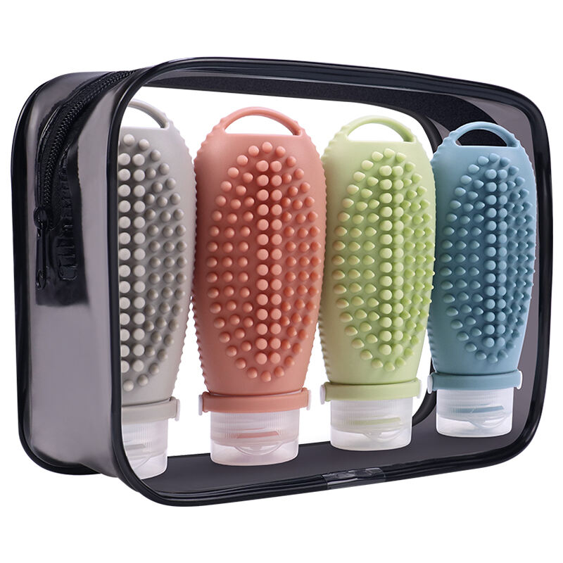 4 Pack x100ml Squeeze Silicone Travel Bottles Set With Hair Scrubber Brush