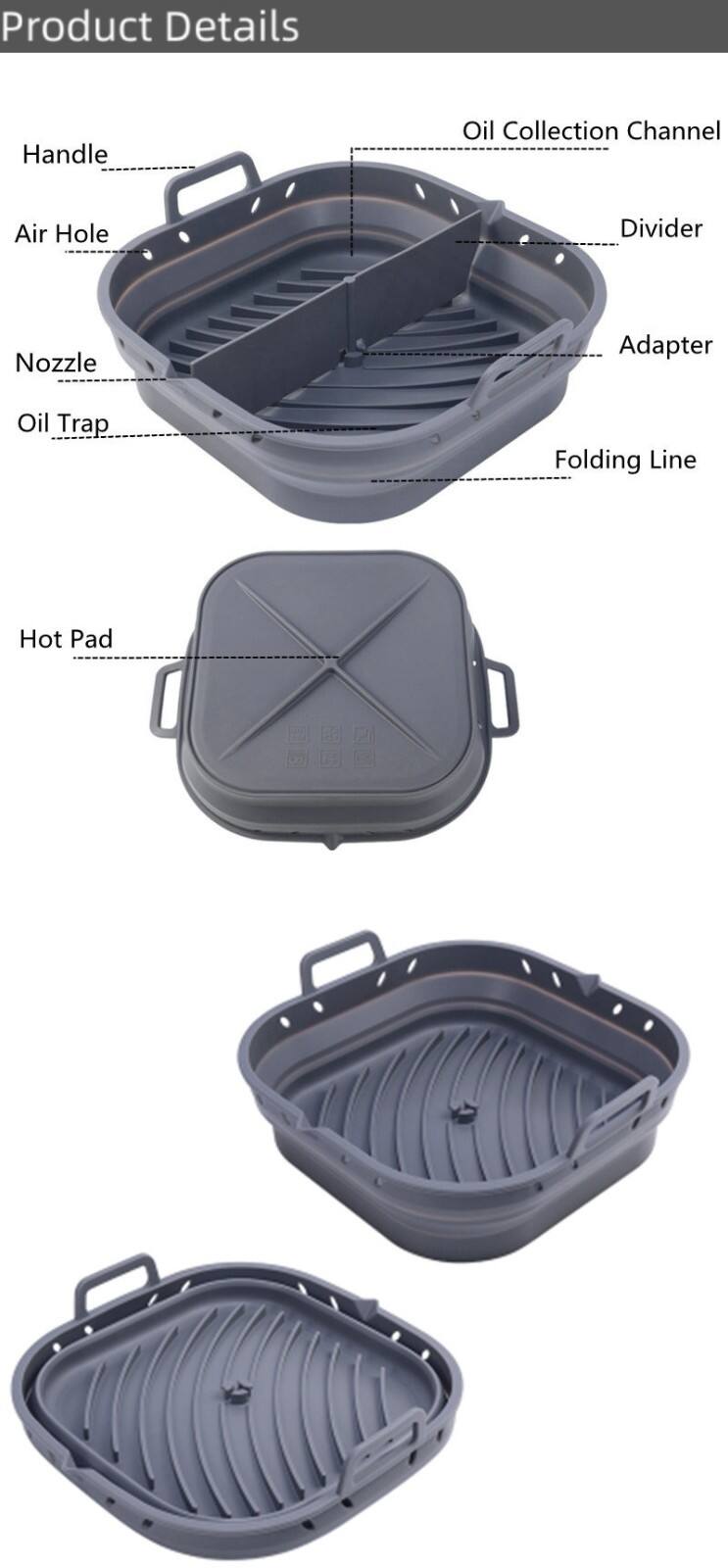 Collapsible Silicon Air Fryer Liner 8.5inch Silicone Pot Baking Tray details