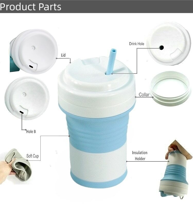 550ml Silicone Folding Coffee Mugs Cola Water Cup With Lid And Straw details