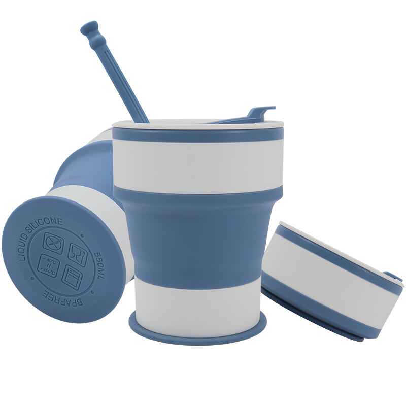 550ml Silicone Foldable Coffee Mugs With Lid And Straw