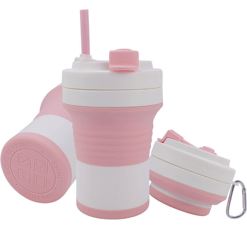 OEM 550ml Pink Silicone Foldable Coffee Mugs with Lid and Straw