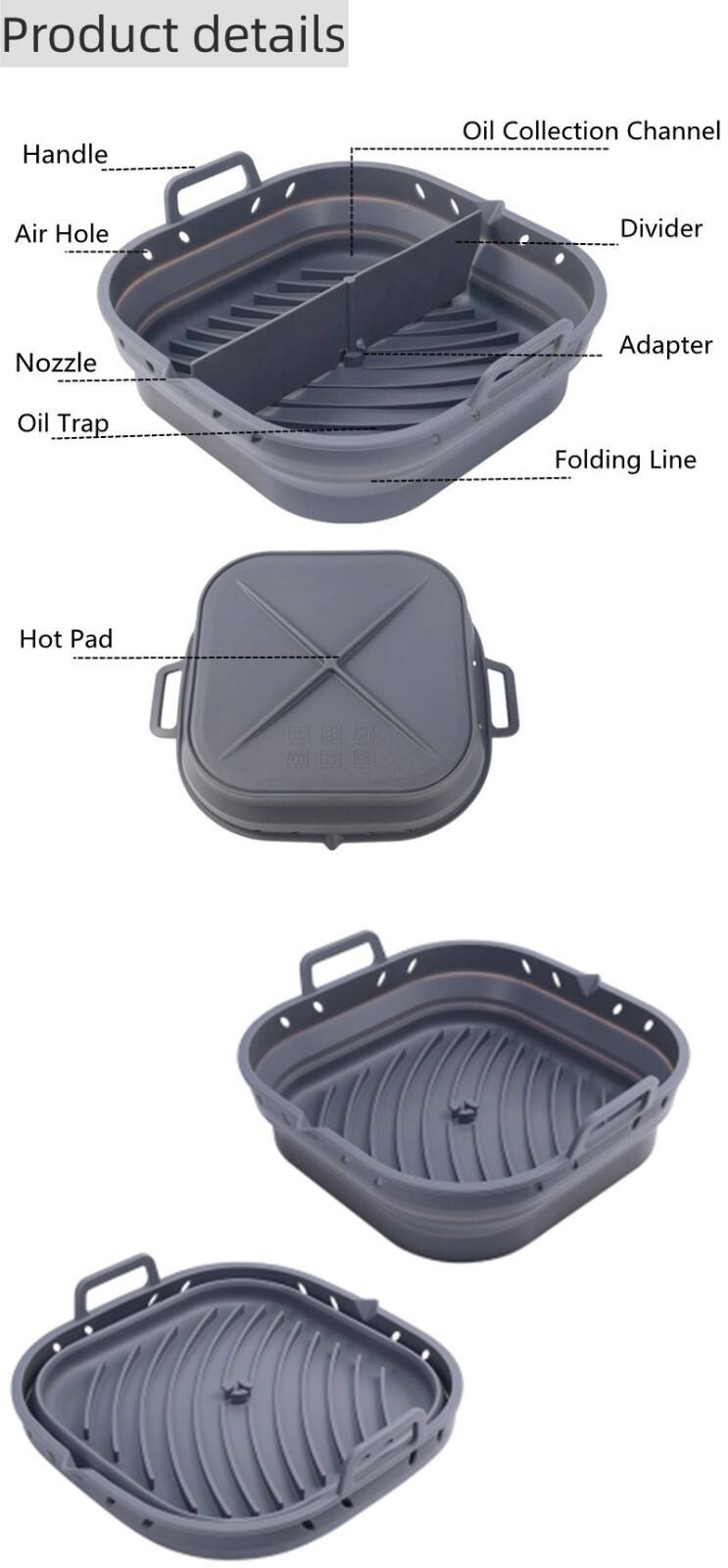 Square Foldable Silicone Air Fryer Liners with Divider manufacture