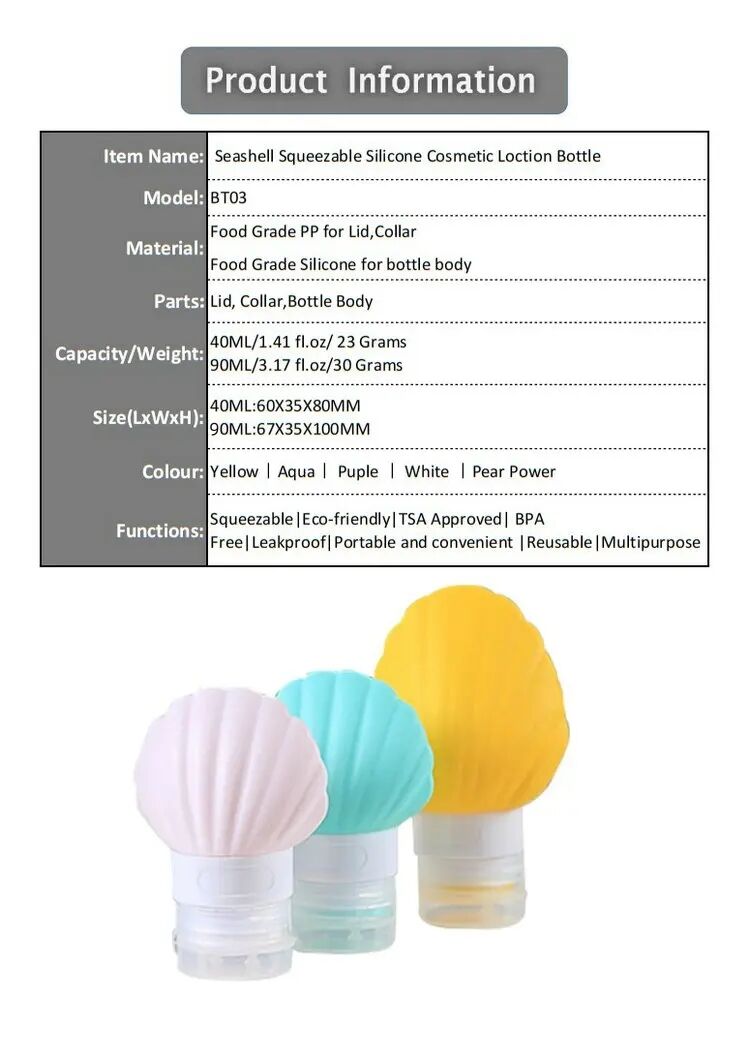 Shell Shape Leakproof Cute Empty Squeeze Silicone Travel Bottles manufacture