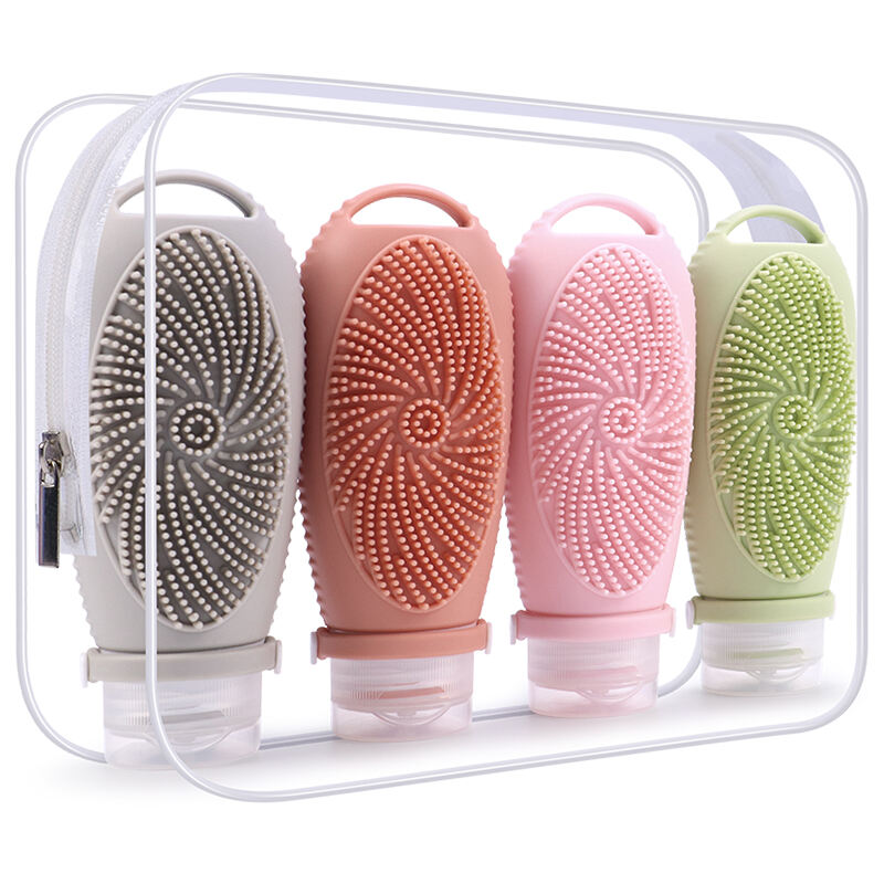 4 Pack 100ml Silicone Travel Bottles with Back Scalp Massager Brush