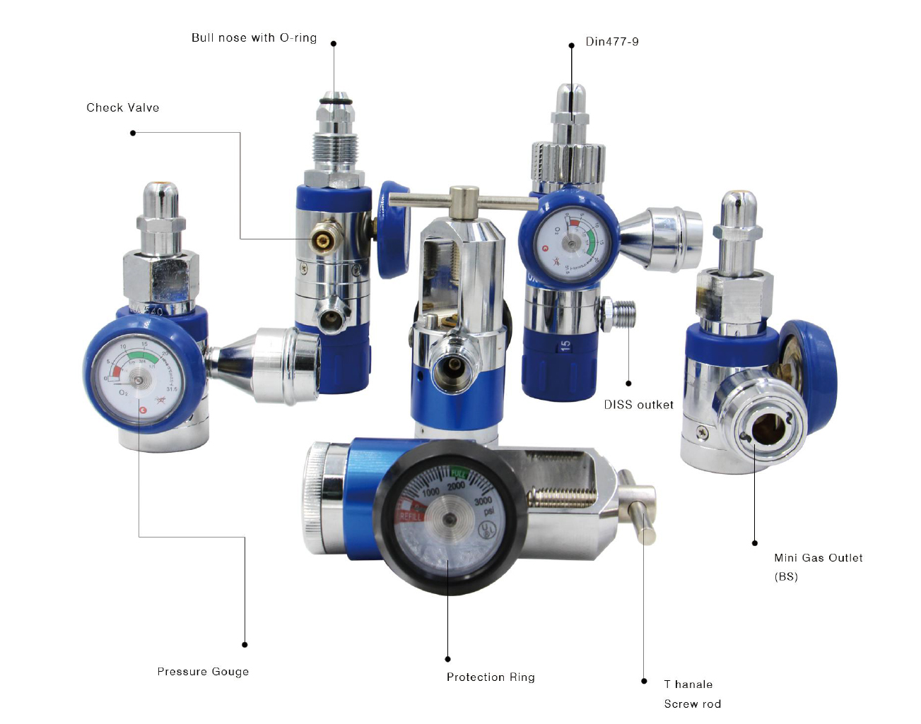 Regulator Indeks Pin Tipe Yoke Inhalator Oksigen Medis dengan Stopkontak Diss/Barb/Koneksi CV untuk Detail Katup CGA870 CGA540