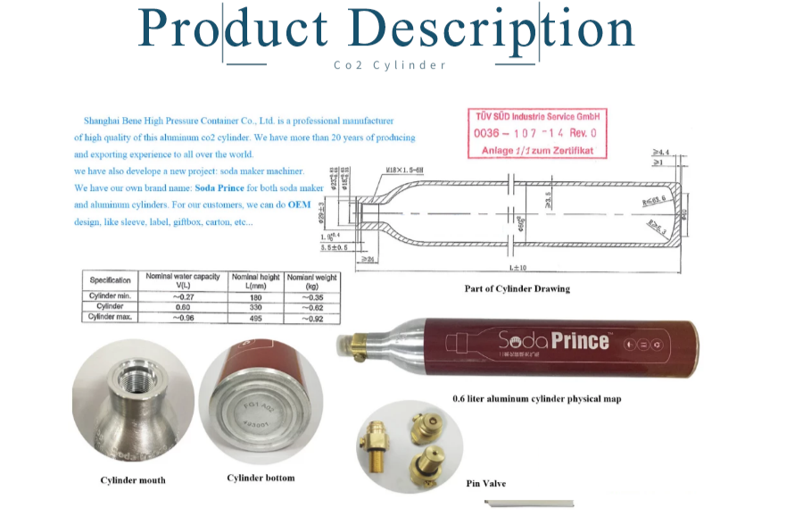 Food Grade Soda Beverage 425g 0.6L 166bar Co2 Aluminum Bottle Cylinder for Soda Maker manufacture