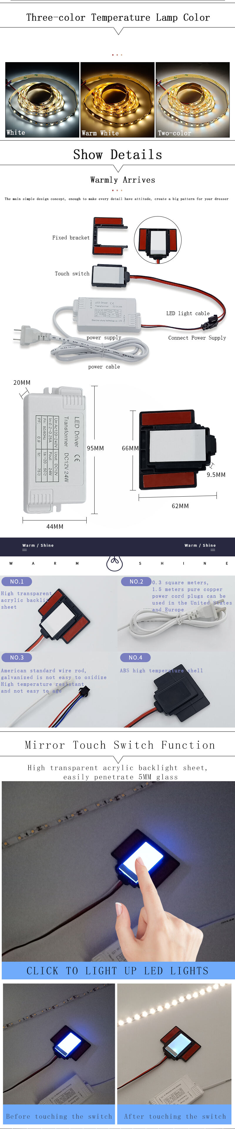 Free Sample Promotional Dc12v Low Voltage Smart Capacitive  Mirror Touch Sensor Light Switch For Vanity Bathroom manufacture