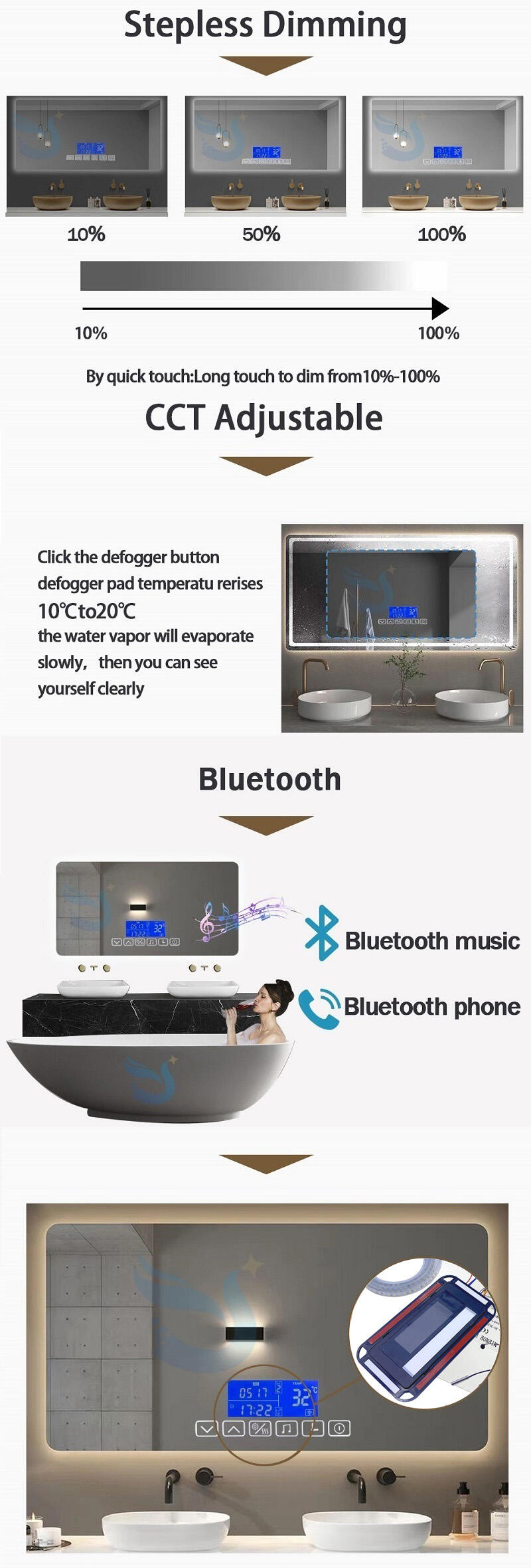 Six Button Bluetooth Radar Sensing Time Temperature Bathroom Mirror Dimmer Switch Led Light Mirror Touch Sensor Switch factory