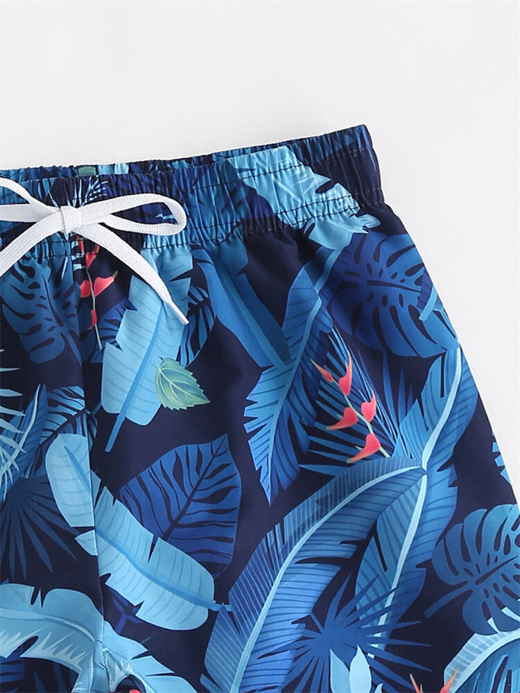 Custom Blue Plant Polyester Beach Swim Trunks for Boys factory