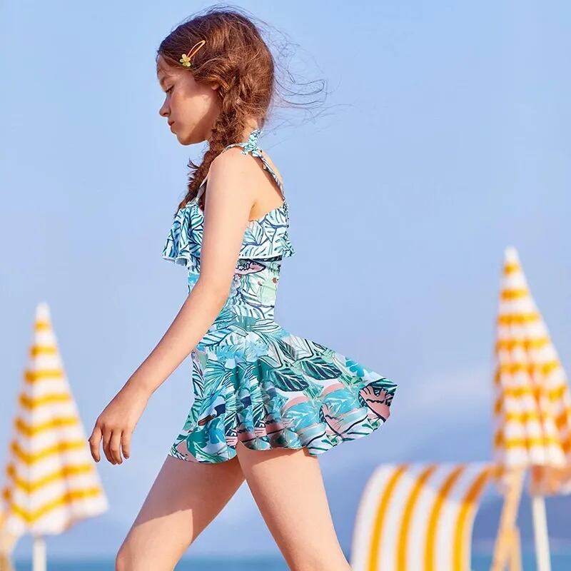 Elegant Ruffle Strap Swim Skirt Kids Bikini Set Swim Dress Bathing