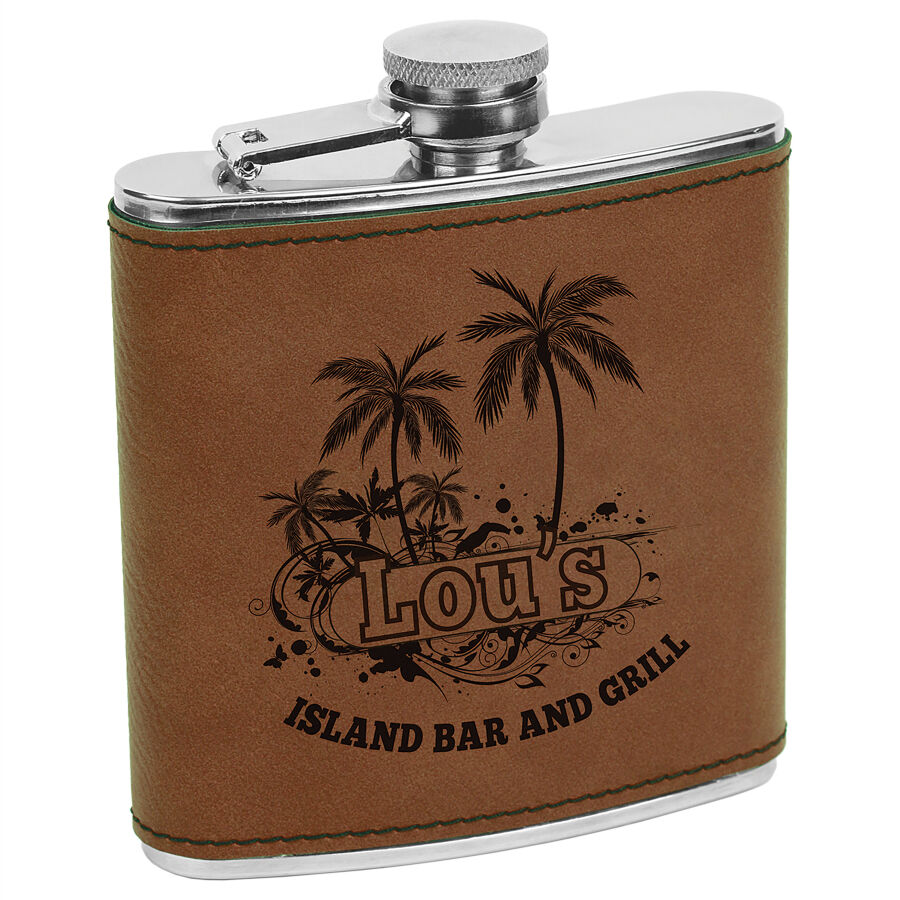 6 oz. Light Brown Laserable Leatherette Stainless Steel Flask