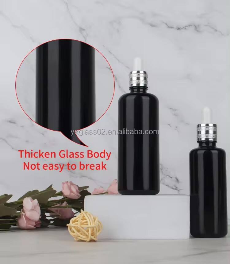 Custom 10ml/15ml/30ml/50ml/100ml/200ml black Essential Oil Packaging Bottles Glass Bottle Dropper glass Bottle wholesale details