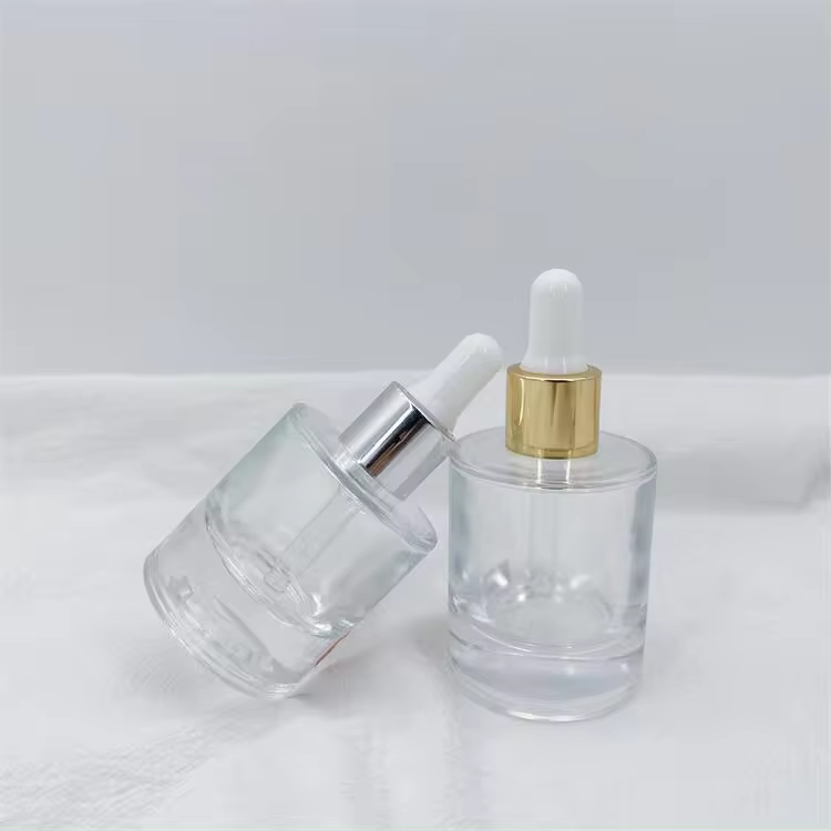 Custom thick bottom 30ml flat shoulder new design skincare glass container glass dropper cosmetic packaging bottle supplier