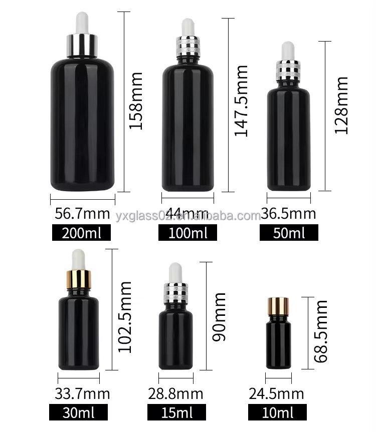 Custom 10ml/15ml/30ml/50ml/100ml/200ml black Essential Oil Packaging Bottles Glass Bottle Dropper glass Bottle wholesale factory