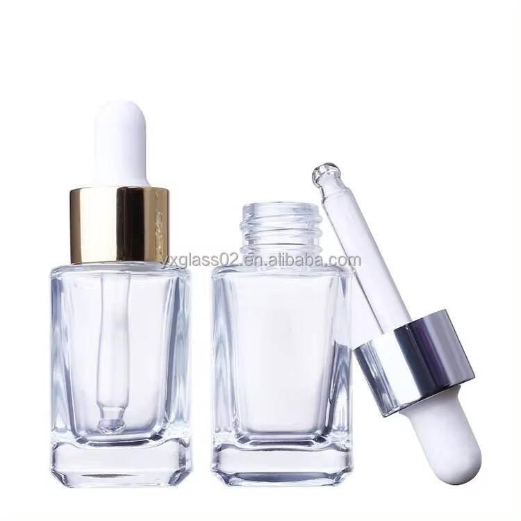 Custom 15ml30ml50ml glass bottle Serum glass Dropper Bottle skincare cosmetic Square dropper glass packaging supplier