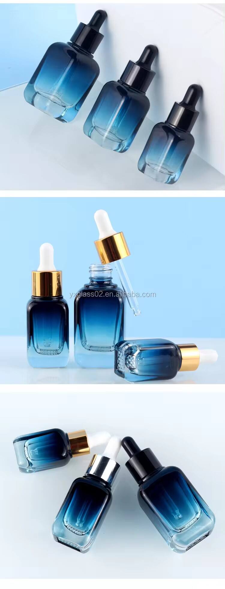 Custom square grid bottom blue gradient cosmetic glass bottles essential oil glass bottle serum packaging glass dropper bottle supplier