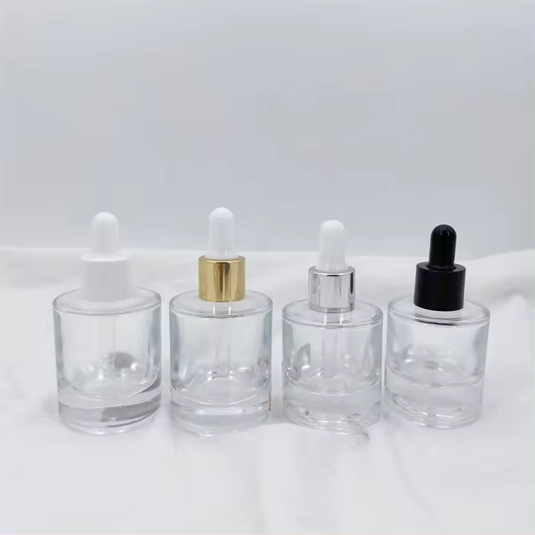 Custom thick bottom 30ml flat shoulder new design skincare glass container glass dropper cosmetic packaging bottle factory