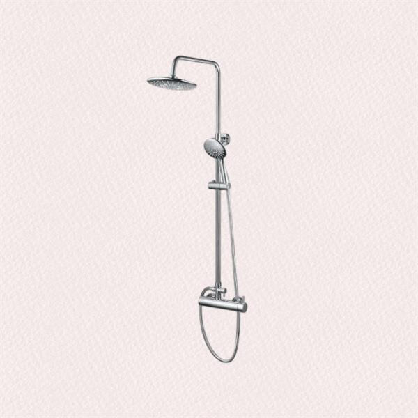 Modern design meets efficient functionality in a deck mounted thermostatic bath mixer
