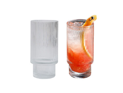 Custom Vertical striped glass water cup 350ml transparent fruit juice beverage milk