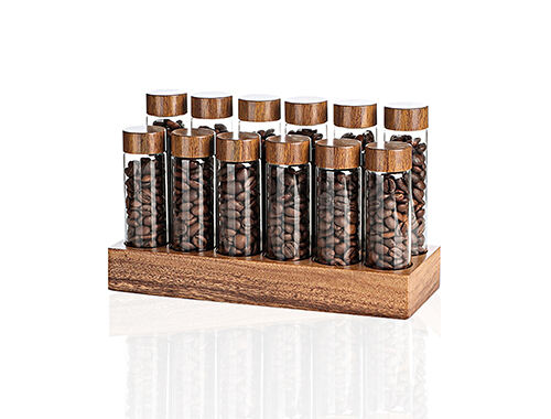 Glass coffee packaging and storage bottles with customizable wooden caps