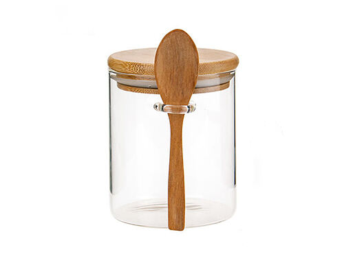 Customized transparent glass seasoning jar with bamboo lid and spoon