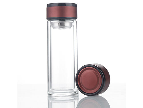 Double layered glass vacuum insulated cup with stainless steel tea filter and lid