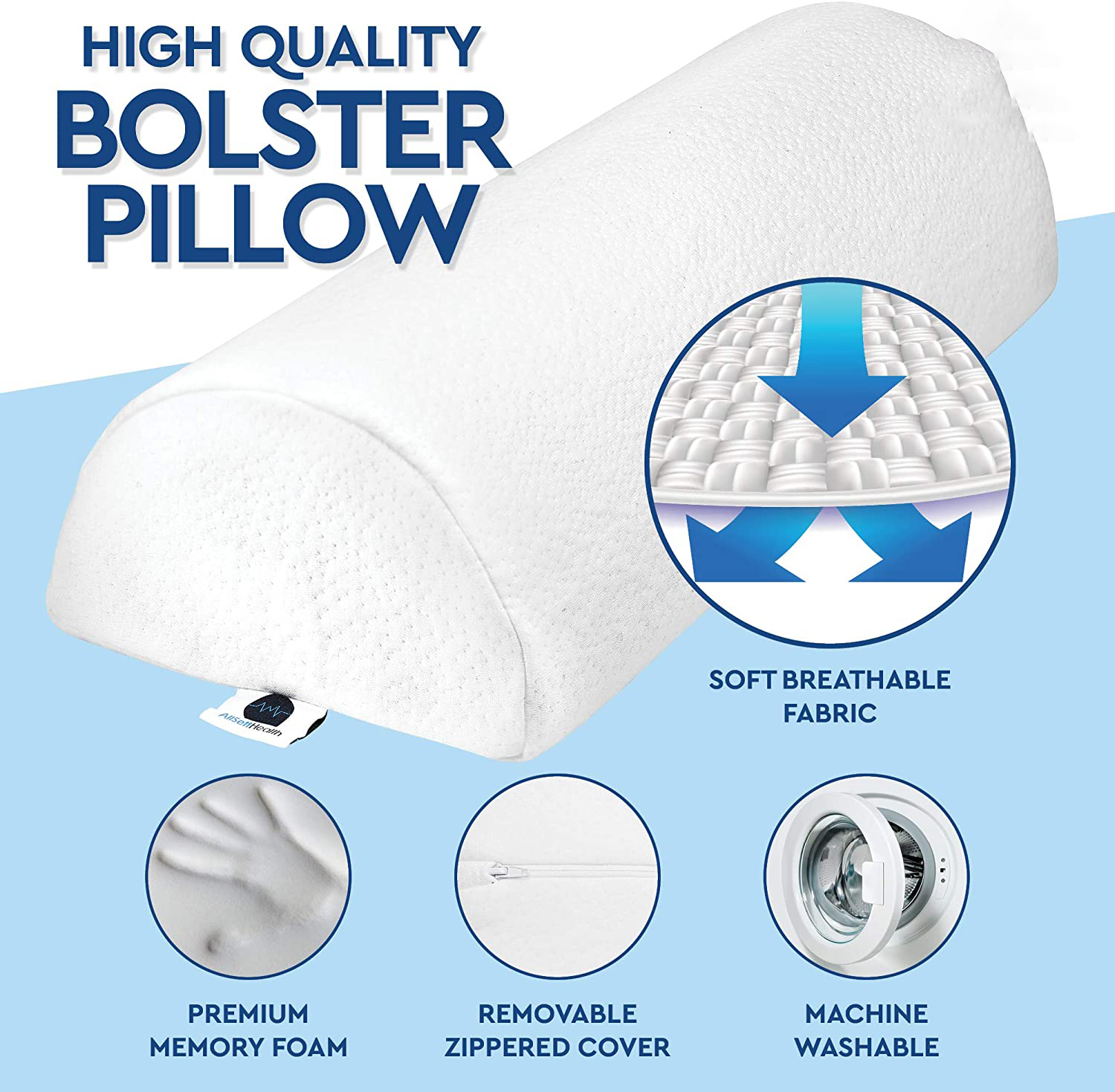 Half Moon Bolster Pillow for Legs Back  Foot Comfort with White Cotton Machine Washable Cover Premium Memory Foam Pillow details